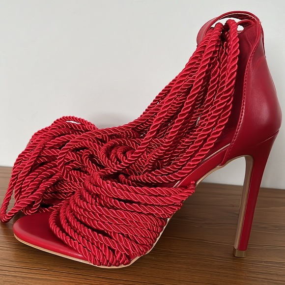 EUC AZALEA WANG Totally Knotted Up Rope Charlene Sandal Heels in Red - Picture 8 of 16